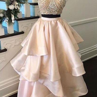 Pink Prom Dress,Two Piece Prom Dresses ,Two Pieces Satin Party Dress