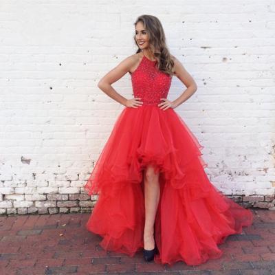 High Low Prom Dress, Red Prom Dress, Crystals Prom Dress, Sleeveless Prom Dress, Short Front Long Back Prom Gown, Elegant Prom Dress, Beaded Prom Dress, Prom Dresses 2017, Party Dress,Evening Gown,Formal Gown