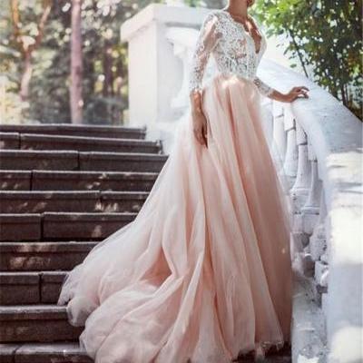 wedding dress, long wedding dress, long sleeves wedding dress, pink wedding dress with white lace top