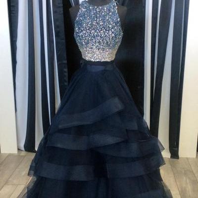 Prom Dresses,Party Dresses,Two Piece Prom Dresses,Ruffles Ball Gowns,Sparkly Sequins Dress,2 Piece Prom Dress,Long Party Dress,Prom Dresses,Navy Blue Prom Dress