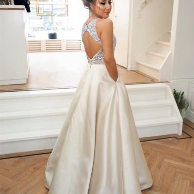 Cheap prom dresses,Long Beaded-Bodice Satin Prom Gown with Pockets A-Line Satin Scoop Formal Gowns Party Dresses