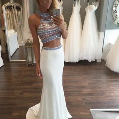Custom Sparkle Halter Two 2 Pieces Prom Dresses, Long Prom Dress, Mermaid Prom Dress, Chiffon Prom Dress, Ivory Prom Dress, Affordable Prom Dress, Junior Prom Dress,Ivory Formal Evening Dresses Gowns, Party Dresses, Plus size