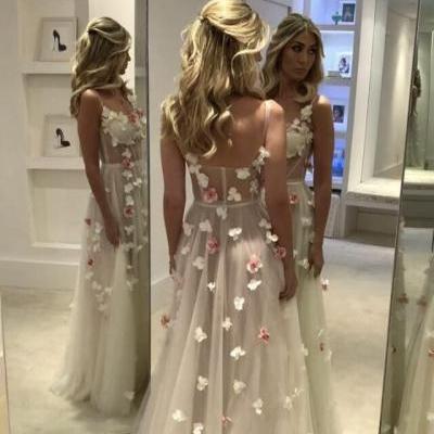 Cheap prom dress,See Through Butterfly Flowers Prom Dresses,Gorgeous Evening Party Dresses,Prom Dresses,Organza A Line Evening Dresses