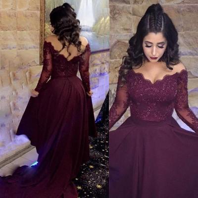 Long Sleeves Maroon Charmeuse Prom Dress,Prom Dresses ,A Line Beaded Prom Dress,Asymmetry Off The Shoulder Zippers A Line Prom Dresses