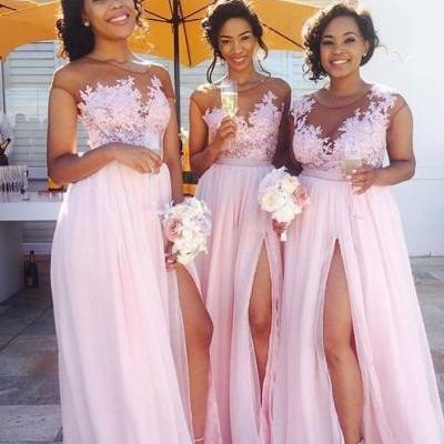 Lace Appliqued Sexy Bridesmaid Dress,Pink Bridesmaid Dresses,Long Bridesmaid Dresses with Slit