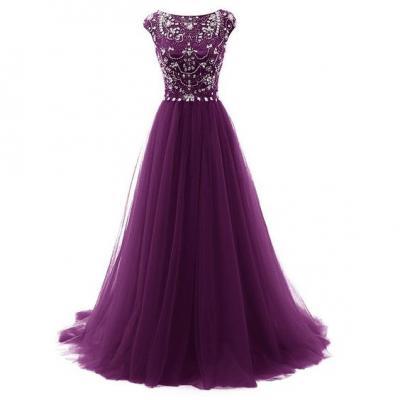 Gorgeous Beaded Grape Prom Dress, Tulle Pageant Gown, Formal Gown