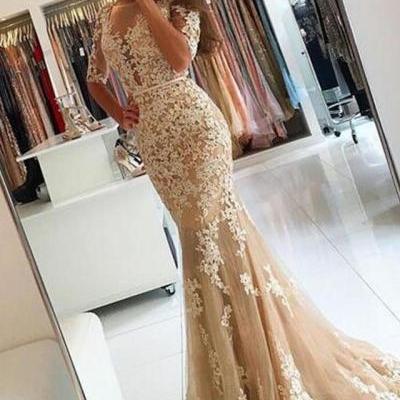 Scoop Neck Tulle Champagne Prom Dresses,Appliques Lace Mermaid Prom Dress,Half Sleeve Backless Sweep Train Elegant Prom Dresses,Open Back Evening Dress,Prom Dresses