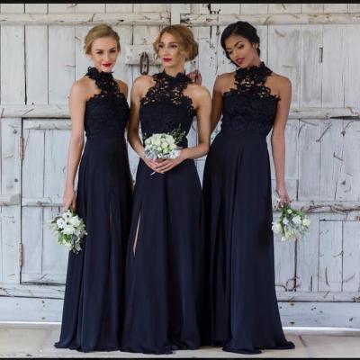 Lace Elegant A-line Bridesmaid Dresses,Halter Dark Navy Chiffon Bridesmaid Dress,Long Bridesmaid Dress With Slit