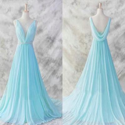 Light Blue Chiffon Prom Dresses, A Line Sleeveless Evening Dresses ,New Arrival Prom Dress,Light Blue Chiffon Long Prom Dresses