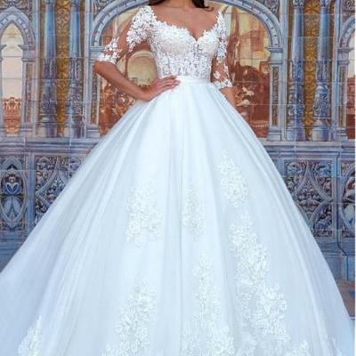 Half Sleeves Wedding Dress with Lace Detailing