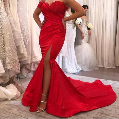 Red Mermaid Satin Prom Dresses,Off the Shoulder Lace Prom Dress,Bodice Side Slit Evening Dress, Formal Gowns Vestidos