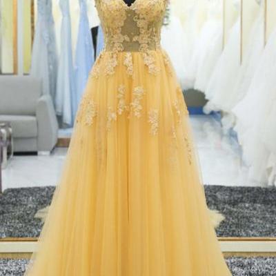 Beautiful Yellow Lace Prom Dress,Tulle Long Formal Gowns, Yellow Prom Dresses, Party Dresses