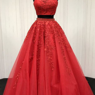 High Neck Two Piece Long Prom Dresses,Red Lace Tulle Prom Dress,A Line Elegant Long Tulle Red Lace Evening Dress