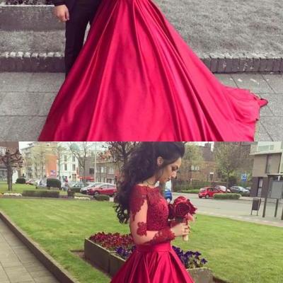 Red Off The Shoulder Wedding Dresses,Long Sleeve Ball Gown Bridal Dress,Wedding Dress With Lace Appliques Bodice