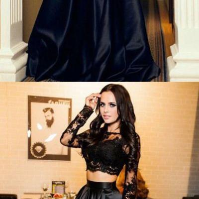 Two Pieces Prom Dress, A-line Cheap Long Sleeve Evening Dresses,Lace Black Long Prom Dresses,Evening Dress