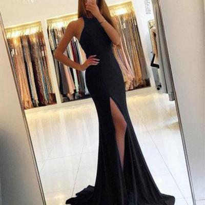 Simple Mermaid Prom Dress ,Jewel Sleeveless Split Front Evening Dresses,Black Long Prom Dress With Cut Out
