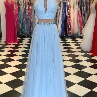 Light Blue Beaded Prom Dress,High Neck Two Piece Prom Dresses,Split Formal Dress,Blue Evening Dresses