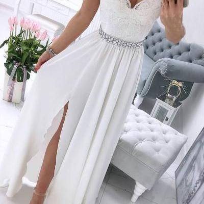 White v neck chiffon lace long prom dress,white formal ball dress,Appliques party dress