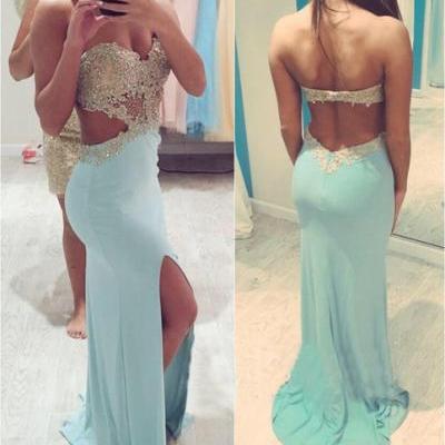 The Charming Light Sky Blue Long Prom Dresses,Open Back Prom Dresses,Front Split Evening Dresses For Teens, Cheap Prom Gowns,Sexy Prom Dresses, girls party dress, White sexy prom Dresses,homecoming dress , 2016 cheap short sexy prom dress . 