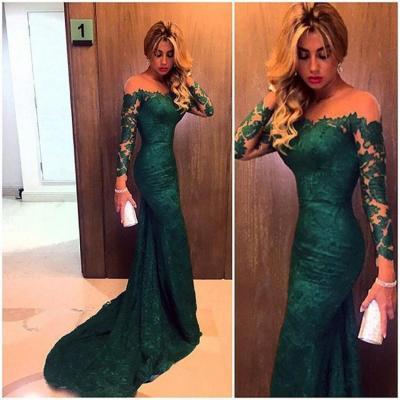 2016 Formal Dresses Dark Green Evening Gowns Long Sleeves Off the Shoulder Lace Elegant Mermaid Prom Dress,girls party dress, sexy prom Dresses,homecoming dress , 2016 cheap long sexy prom dress . 