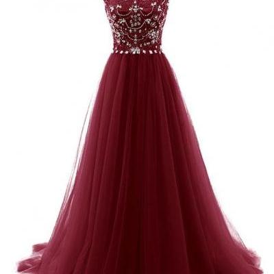 Burgundy Floor Length Beaded Embellished Prom Dress Featuring Cap Sleeves