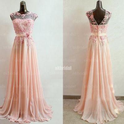 Blush Pink Lace Appliqués Sweetheart Illusion Cap Sleeve Long Chiffon Bridesmaid Dress, Prom Dress 