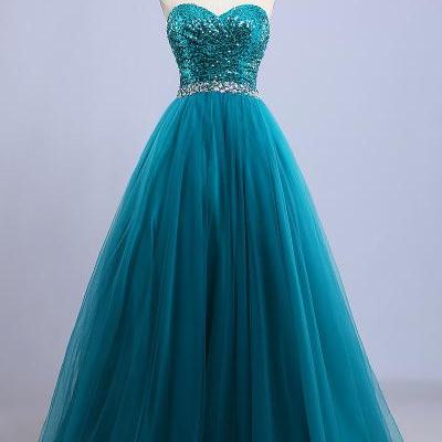 Teal Sequin Tulle Prom Dress with Sweetheart Neckline