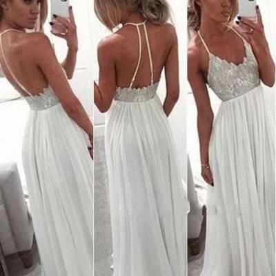 Sexy Spaghetti straps prom dresses,White Chiffon Sequin Long Prom Dress for Teens, Backless Long chiffon formal Dress 2016, Cocktail Dresses, formal dresses,Wedding guests dresses