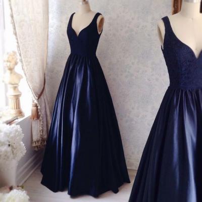 Prom Dress,2017 Custom Made Charming Navy Simple Prom Dresses, Satin Prom Dress, Sexy V-neck Prom Gown, Elegant Lace Prom Dress, prom Gowns Plus Size, Cocktail Dresses, formal dresses,Wedding guests dresses