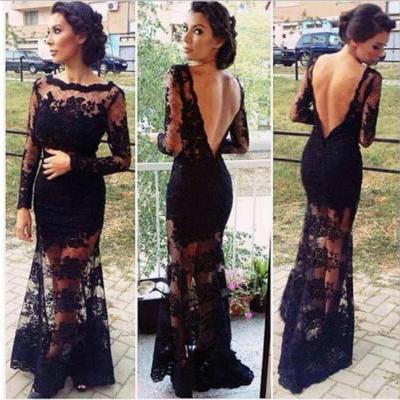  Prom dress,black lace formal dress,Long sleeve party dress,cheap prom dresses,European Style New Fashion Lady Women's Formal Ball Gown Party Prom Cocktail Backless Long Dress