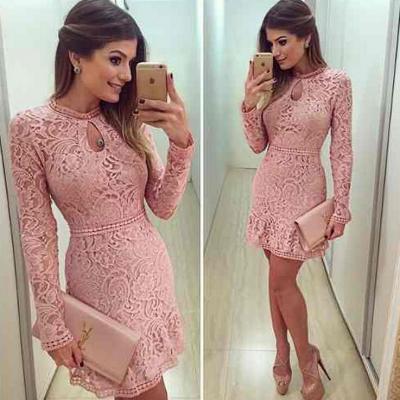 Lace dress,pink Prom Dress,Sexy lace party dress,Elegant short O neck Prom Dresses,Long sleeve Party dresses