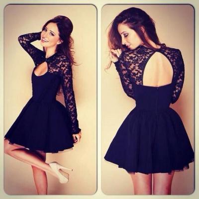 Lace dress,Hollow out backless party Dresses,black lace long sleeve dress ,sexy a-line dress,Elegant short Lace Prom Dresses,Party dresses,formal dress,lace prom dresses