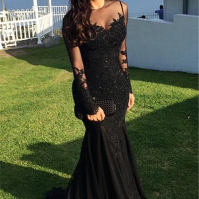 Prom Dress,Sexy Prom Dresses,Long-Sleeve Tulle Black Applique Mermaid Sexy Evening Dresses 