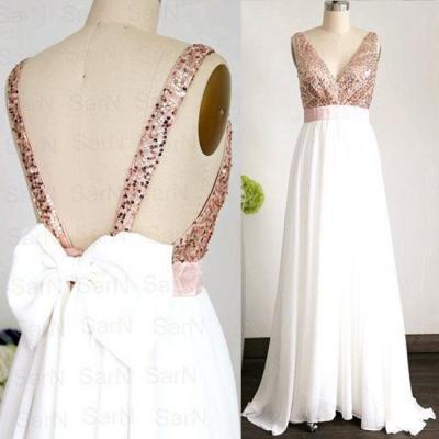 Bridesmaid Dress,Elegant Floor Length Bridesmaid Dresses, - White Empire Rose Gold Sequins with Bowknot ,Party Dress,Wedding Guest Prom Gowns, Formal Occasion Dresses,Formal Dress