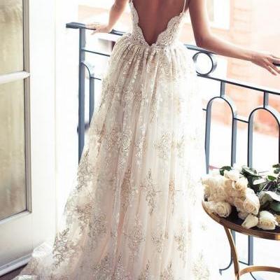 Wedding Dress,Spaghetti Straps Low Back Summer Wedding Dresses, Boho Bridal Gown with Appliques Lace,Wedding Guest Prom Gowns, Formal Occasion Dresses,Formal Dress