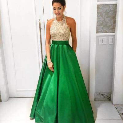 New Arrival Prom Dress,Modest Prom Dress,gold beaded halter top green satin ball gown prom dresses,Wedding Guest Prom Gowns, Formal Occasion Dresses,Formal Dress