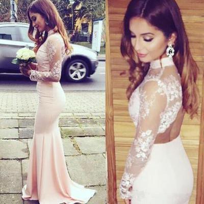 Prom Dress, High Neck Lace Pink Prom Dress,Long Prom Dresses,Wedding Guest Prom Gowns, Formal Occasion Dresses,Formal Dress