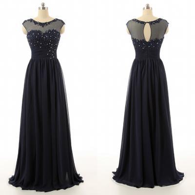 Prom Dress, Handmade Navy Blue Applique Chiffon Prom Dress With Beadings, Prom Dresses, Long Prom Dresses, Evening Dresses,Floor-length Prom Dresses,Wedding Guest Prom Gowns, Formal Occasion Dresses,Formal Dress