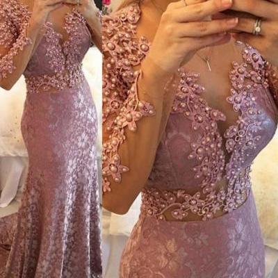 New Mermaid Prom Dress, High Quality Jewel Long Sleeves lace Prom Dresses with Beading Sweep Train,Wedding Guest Prom Gowns, Formal Occasion Dresses,Formal Dress