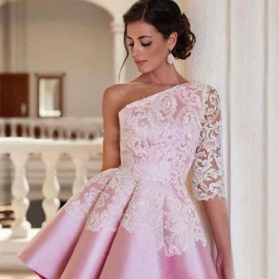 Homecoming Dress,One Shoulder Half Sleeve Homecoming Dress, Mini Homecoming Dresses,A-Line Pink Lace Cocktail Dress