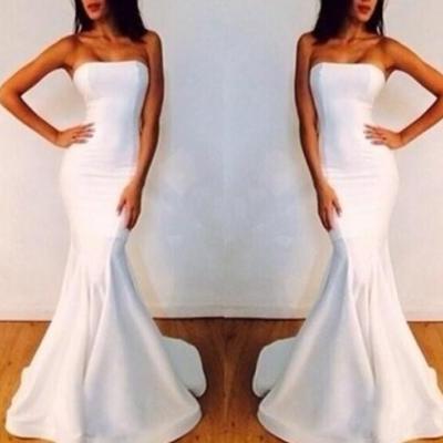 Simple Whhite Satin Mermaid Long Prom Gown , Simple White Prom Dress , Evening Dresses 
