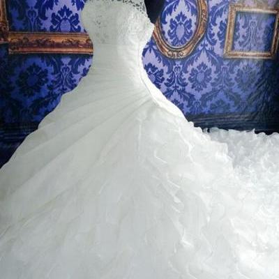 Halter Wedding Dress,Lace Applique Wedding Dresses, Beaded Zipper Back A Line Long Train Bridal Dress