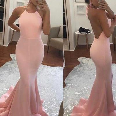 Halter Mermaid Long Prom Dress ,Open Back Evening Dress,Pink Party Dress,Cheap High Quality Prom Dresses