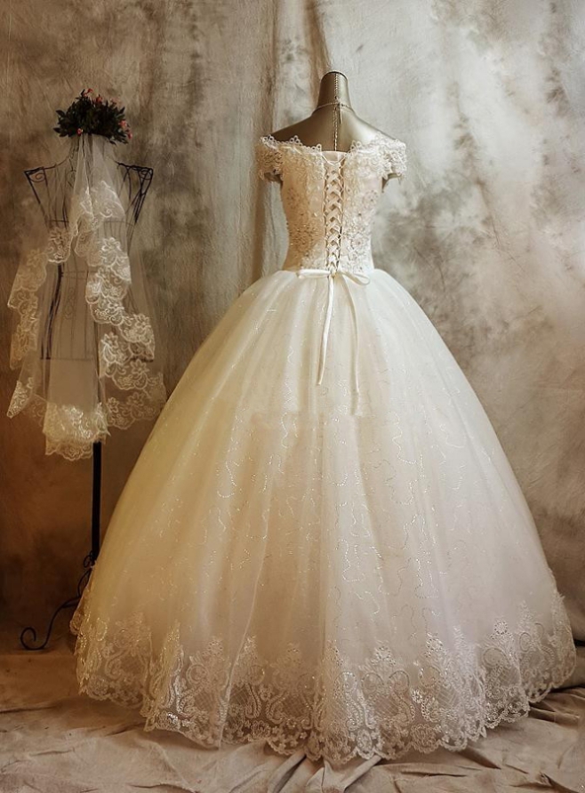 Lace Up Applique Wedding Dress,Tulle Floor-Length Wedding Dresses,Ball ...