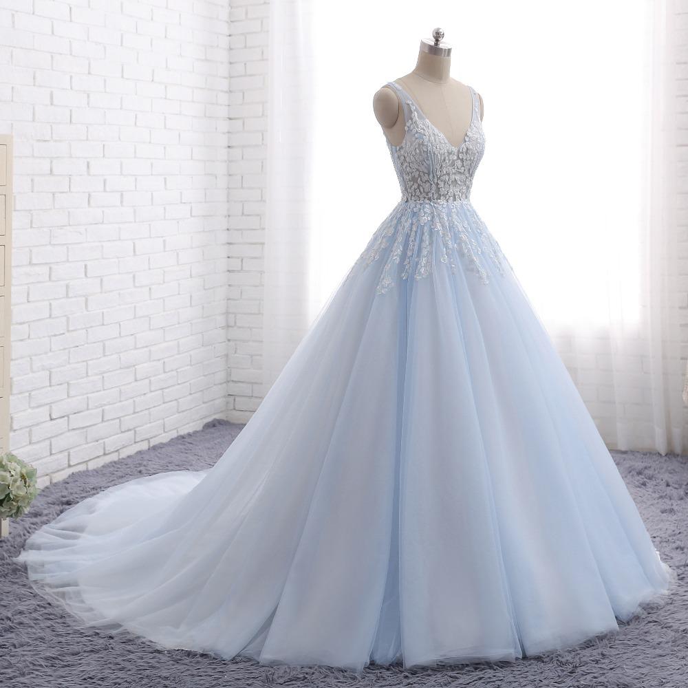 blue a line wedding dress