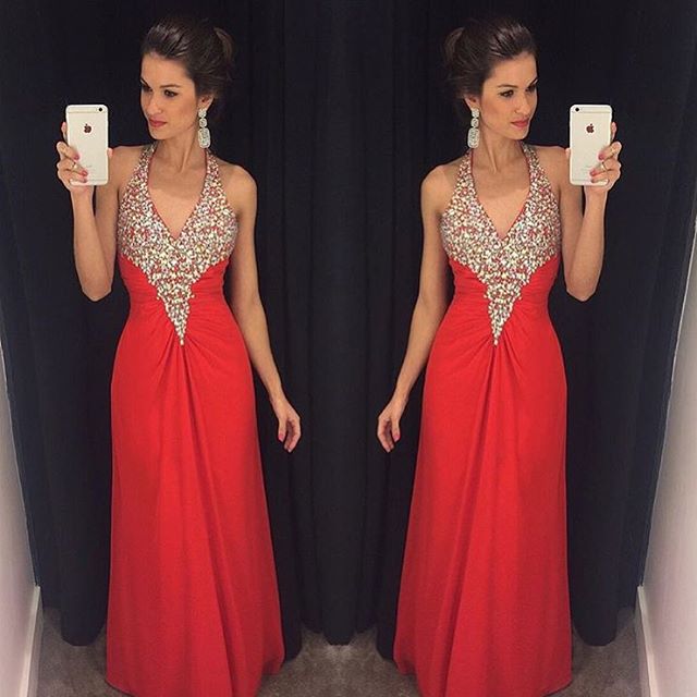 red chiffon evening gown