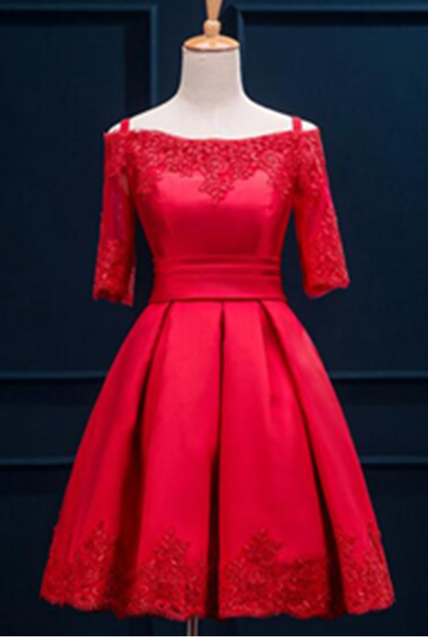 Custom Made Half Sleeves Lace Light Red Satin Up Tail Dresses Modest Homecoming Short Party Prom Custom Made Half Sleeves Lace Light Red Satin Up Tail Dresses Modest Homecoming Short Party Prom
