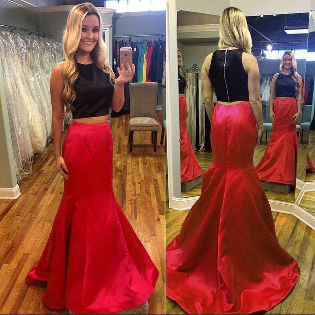 two piece red and black prom dress