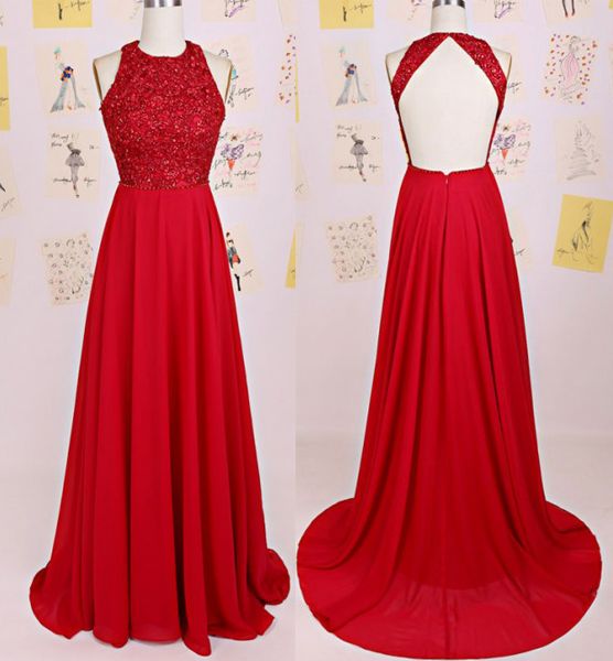 Halter Prom Dress Red Chiffron