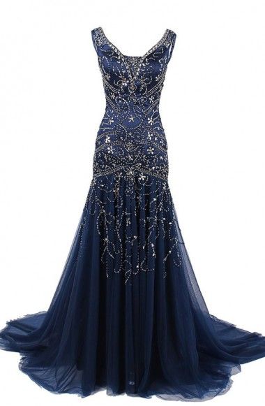 New Luxury Beads Custom Navy Blue Tulle Prom Dress Sexy Sleeveless